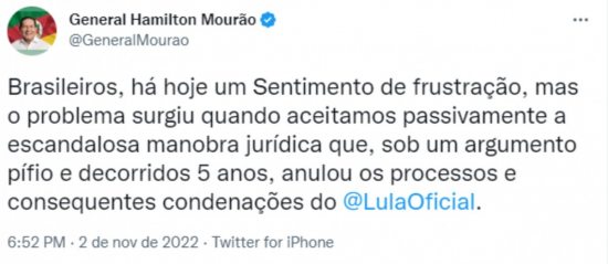 Mour�o fala em &lsquo;baixar a bola&rsquo; e recha�a Ex�rcito em eventual golpe, mas critica candidatura de Lula