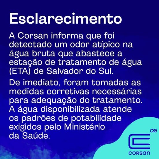 Corsan identifica odor atpico na gua bruta em Salvador do Sul e adota medidas imediatas