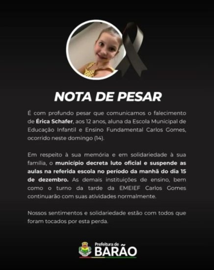 Prefeitura de Bar�o decreta luto oficial ap�s falecimento tr�gico de menina