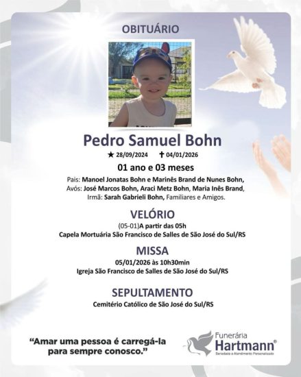 Menino de 1 ano e 3 meses faleceu depois de afogamento em S�o Jos� do Sul 